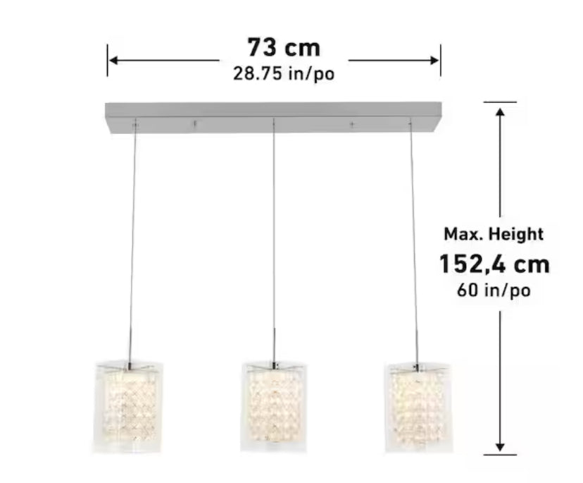 Crystal Cube 13-Watt 3 Light Chrome Modern Integrated LED Pendant Light Fixture for Dining Room or Kitchen
