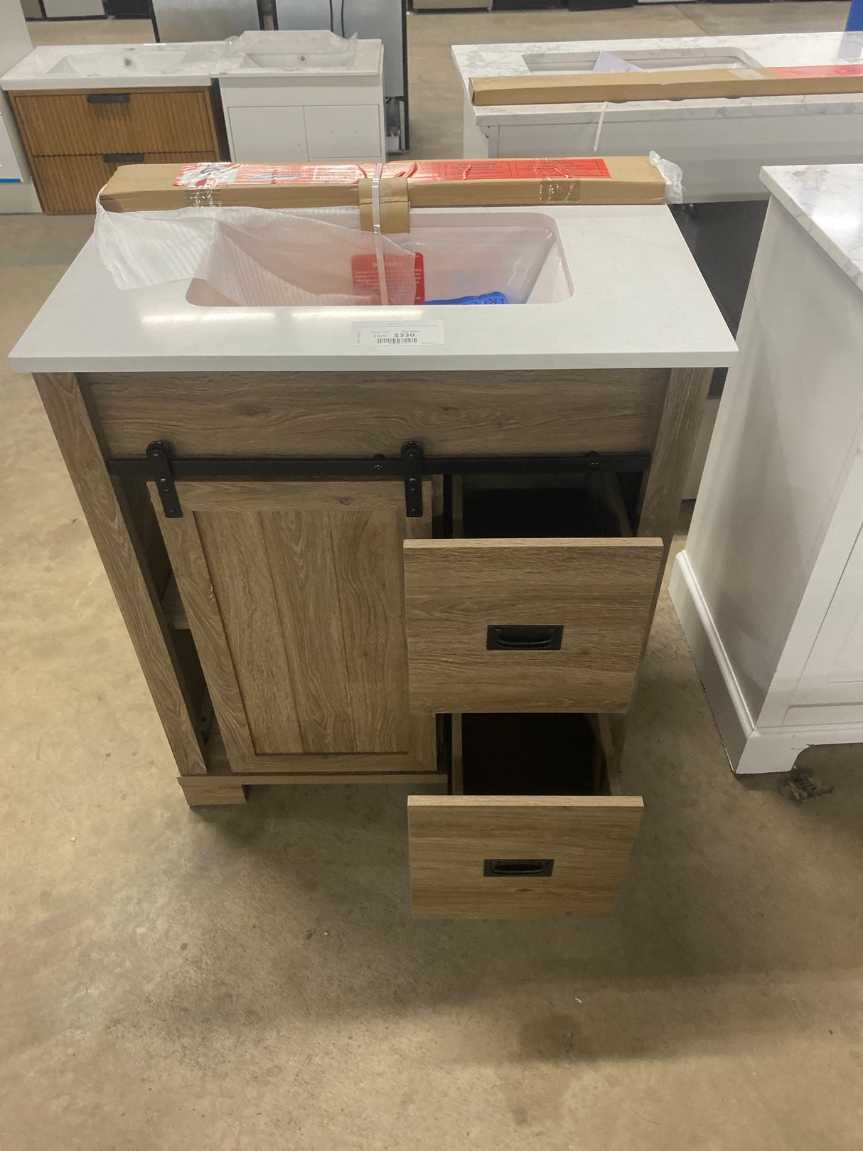 Brindley 30 in. W x 20 in. D x 35 in. H Single Sink Freestanding Vanity Aged Oak with Veined White Engineered Stone Top