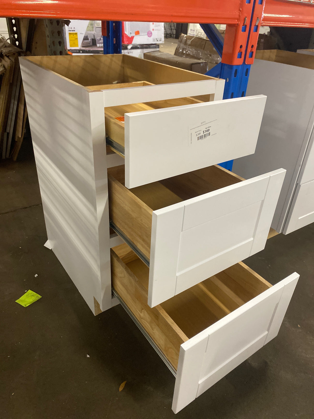 Shaker Satin White Stock Assembled Drawer Base Kitchen Cabinet with Drawer Glides (18 in. x 34.5 in. x 24 in.)