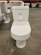 1-Piece 1.1/1.6 GPF Compact Dual Flush Round Toilet in White, Seat Included, with Brushed Gold Button