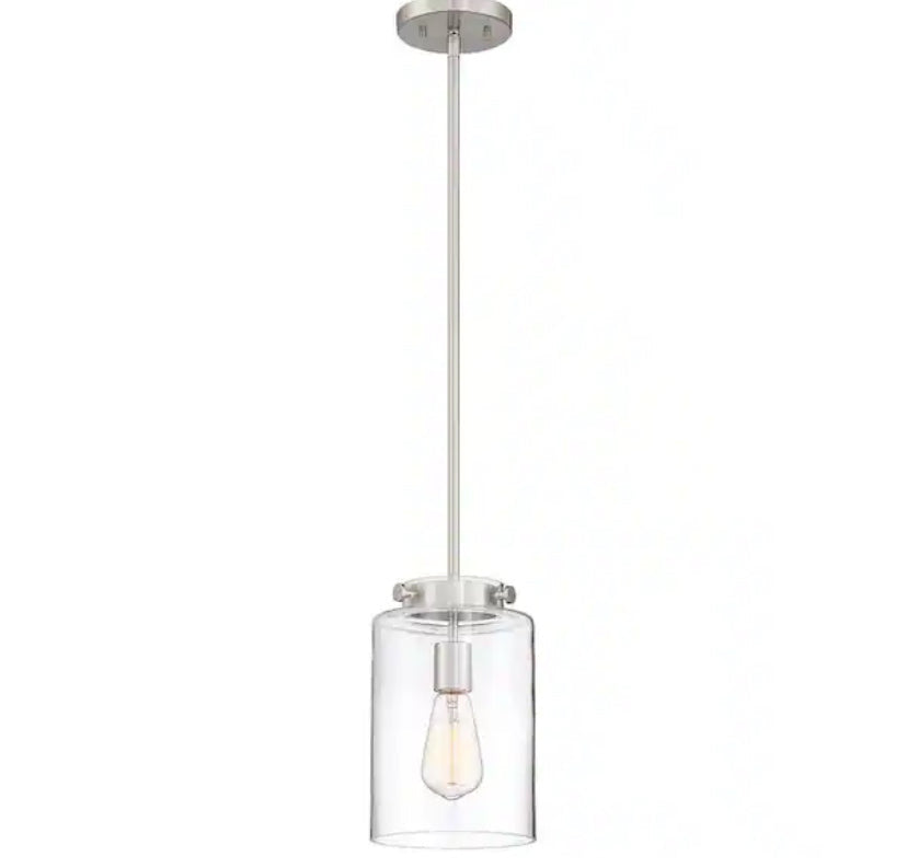 Mullins 6.75 in. 1-Light Brushed Nickel Mini Pendant with Clear Glass Shade