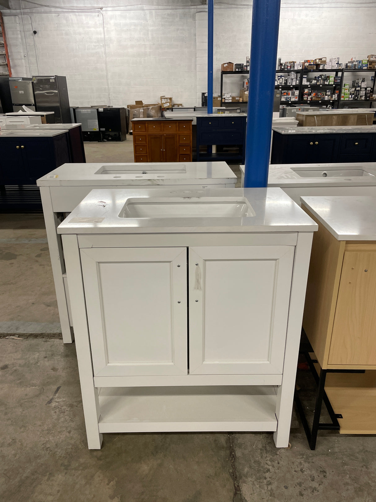 Vivien 30 in. Single Sink Freestanding White Bath Vanity with White Stone Top Assemble with Open Storage