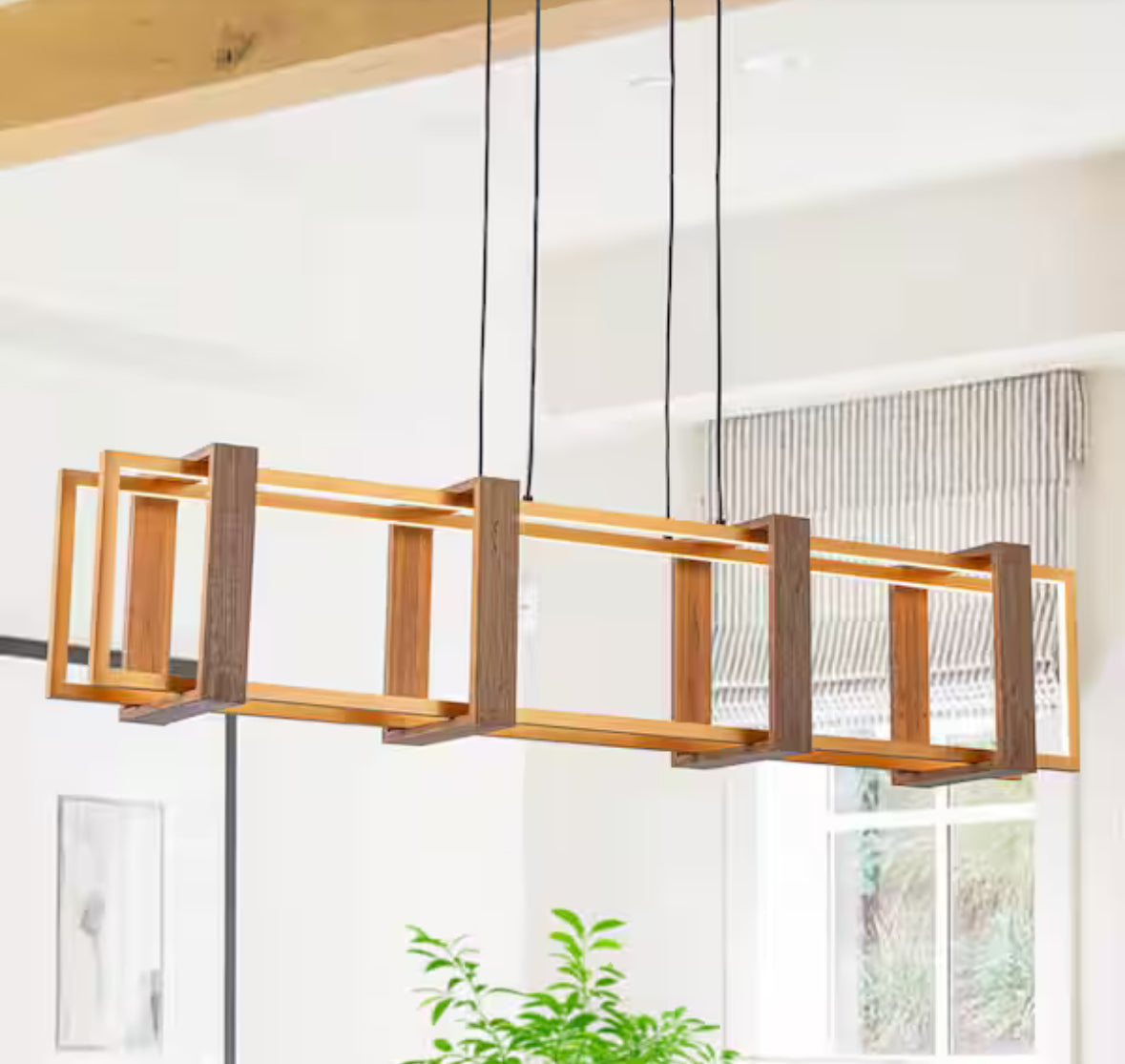 48-Watt 2-Light Gold Modern Linear Wood Integrated LED Pendant Light with Height Adjustable for Kitchen Island