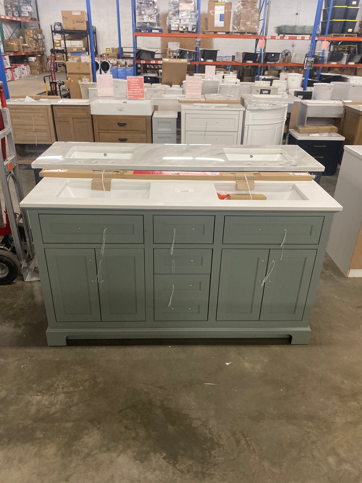 Doveton 60 in. Double Sink Sage Green Bath Vanity with White Engineered Stone Top (Assembled)