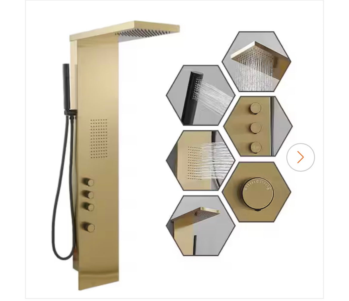 1-Jet Rainfall Shower Tower Shower Panel System with Rainfall Waterfall Shower Head and Shower Wand in Brushed Gold