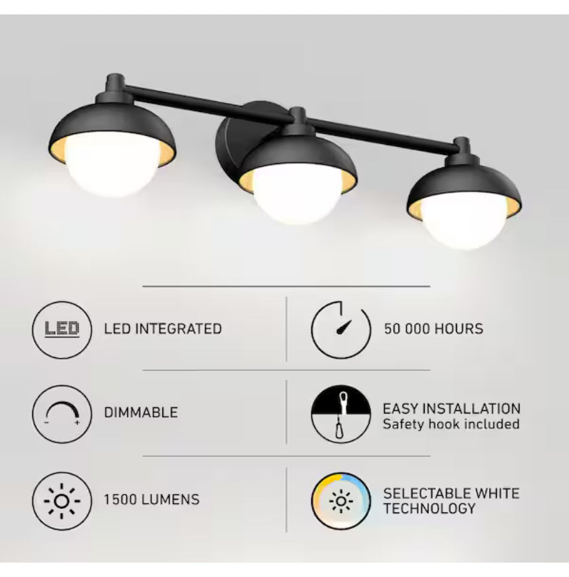 Boden 27 in. 3 Light Black & Wood Modern Integrated LED 5 CCT Vanity Light Bar for Bathroom