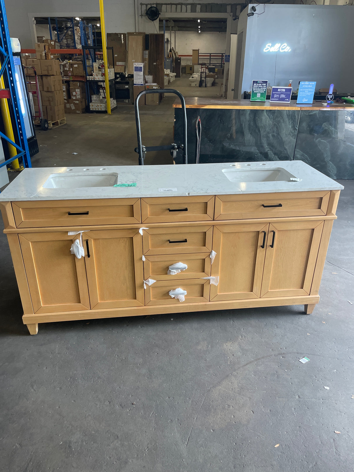 Talmore 72 in. Double Sink Light Oak Bath Vanity with White Engineered Marble Top (Assembled)