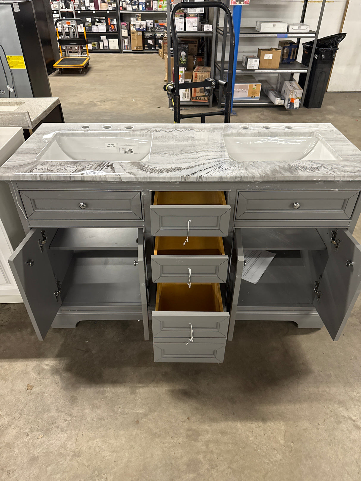 South Bay 55 in. Double Bath Vanity in Gray with Epoxied Marble Vanity Top in Carrara White with White Basin