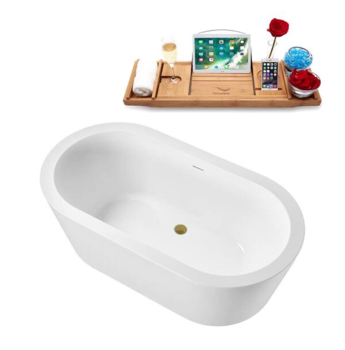 59 in. x 34 in. Acrylic Freestanding Soaking Bathtub in Glossy White with Brushed Gold Drain, Bamboo Tray