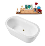 59 in. x 34 in. Acrylic Freestanding Soaking Bathtub in Glossy White with Brushed Gold Drain, Bamboo Tray
