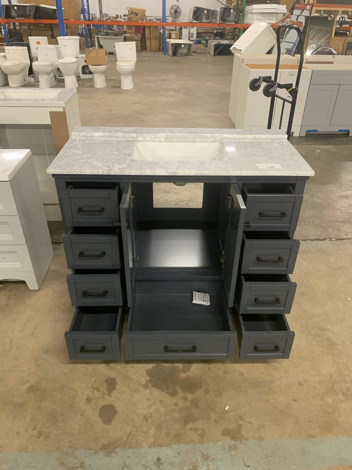 Merryfield 43 in. Single Sink Dark Blue-Grey Bath Vanity with White Carrara Marble Top (Assembled)