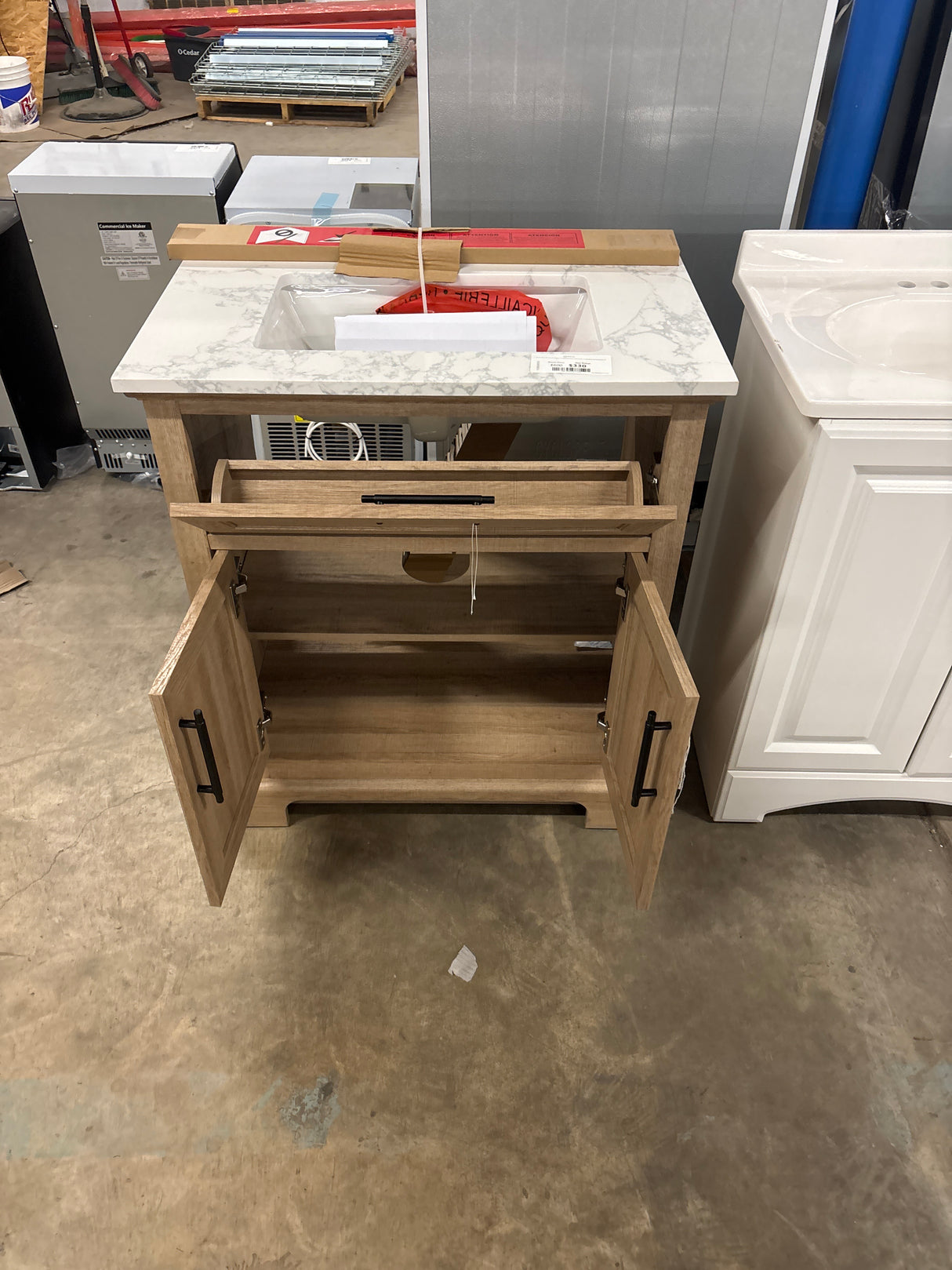 Doveton 30 in. W x 19 in. D x 34.50 in. H Freestanding Vanity in Weathered Tan with White Engineered Stone Top