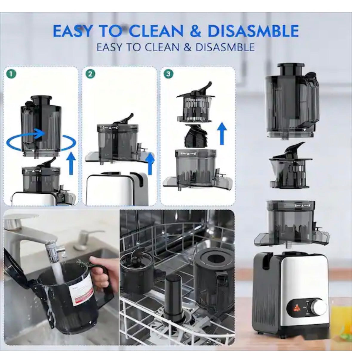 200 W 24 oz. Cold Press Juicer Machine, 4.35 in. Wide Feed Chute, Slow Masticating Juicer for Whole Fruits in Silver
