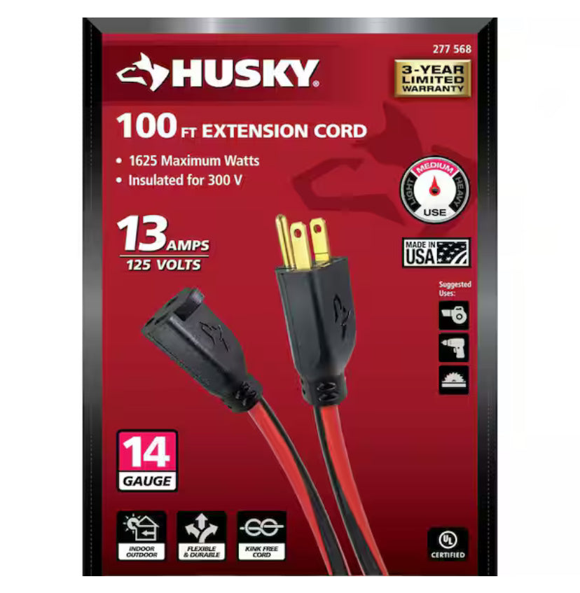 100 ft. 14/3 Medium Duty Indoor/Outdoor Extension Cord, Red/Black