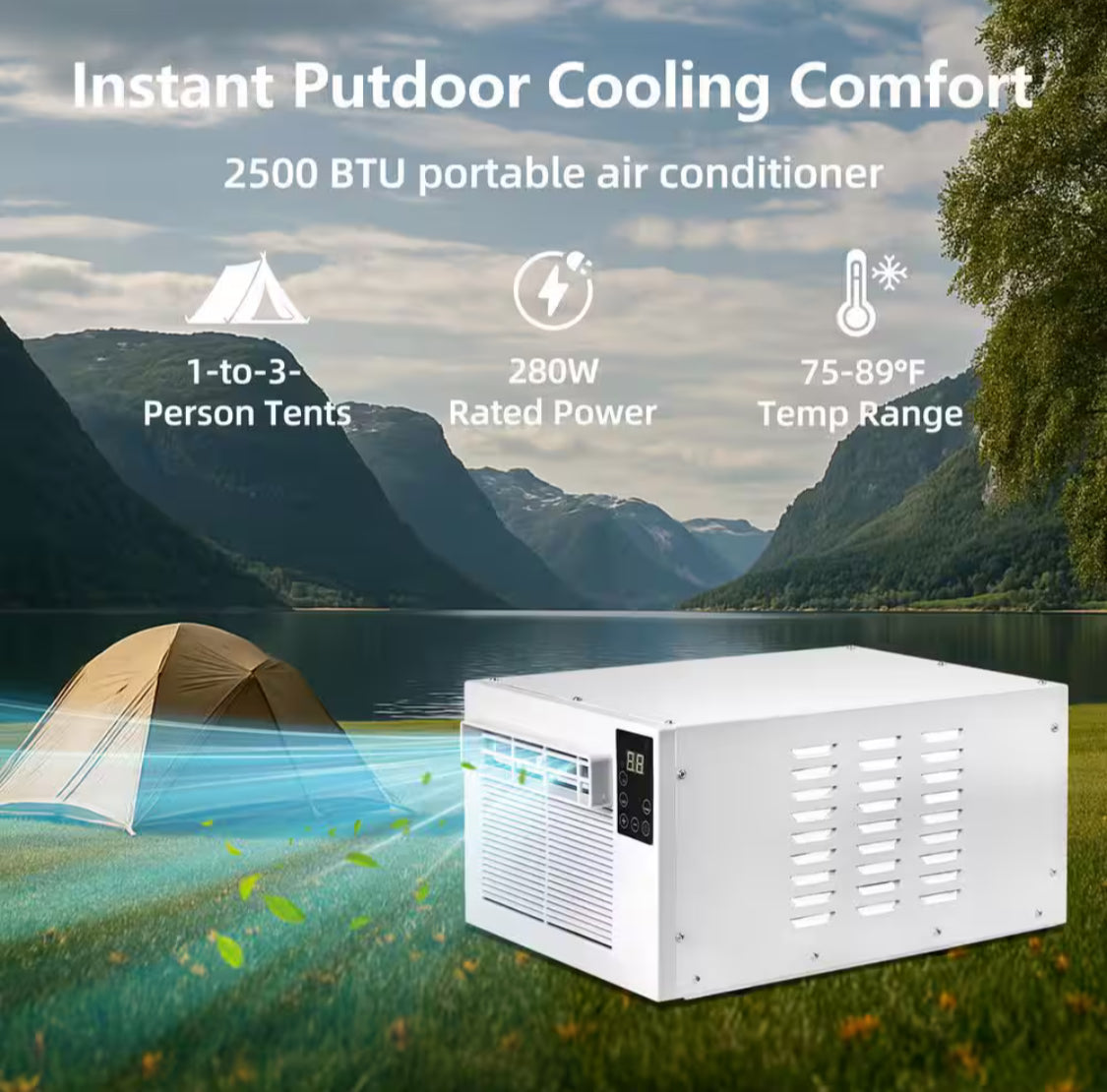 2,500 BTU Portable Air Conditioner Cools 45 sq.ft. with Dehumidifier and Remote for Camping, Fishing and RV in White