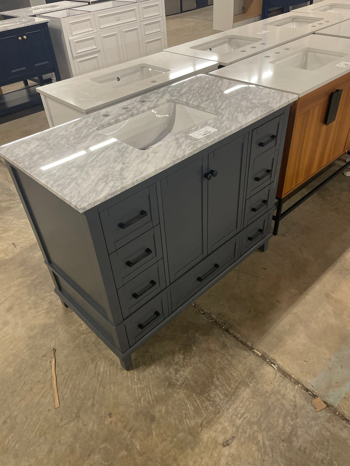 Merryfield 43 in. Single Sink Dark Blue-Grey Bath Vanity with White Carrara Marble Top (Assembled)