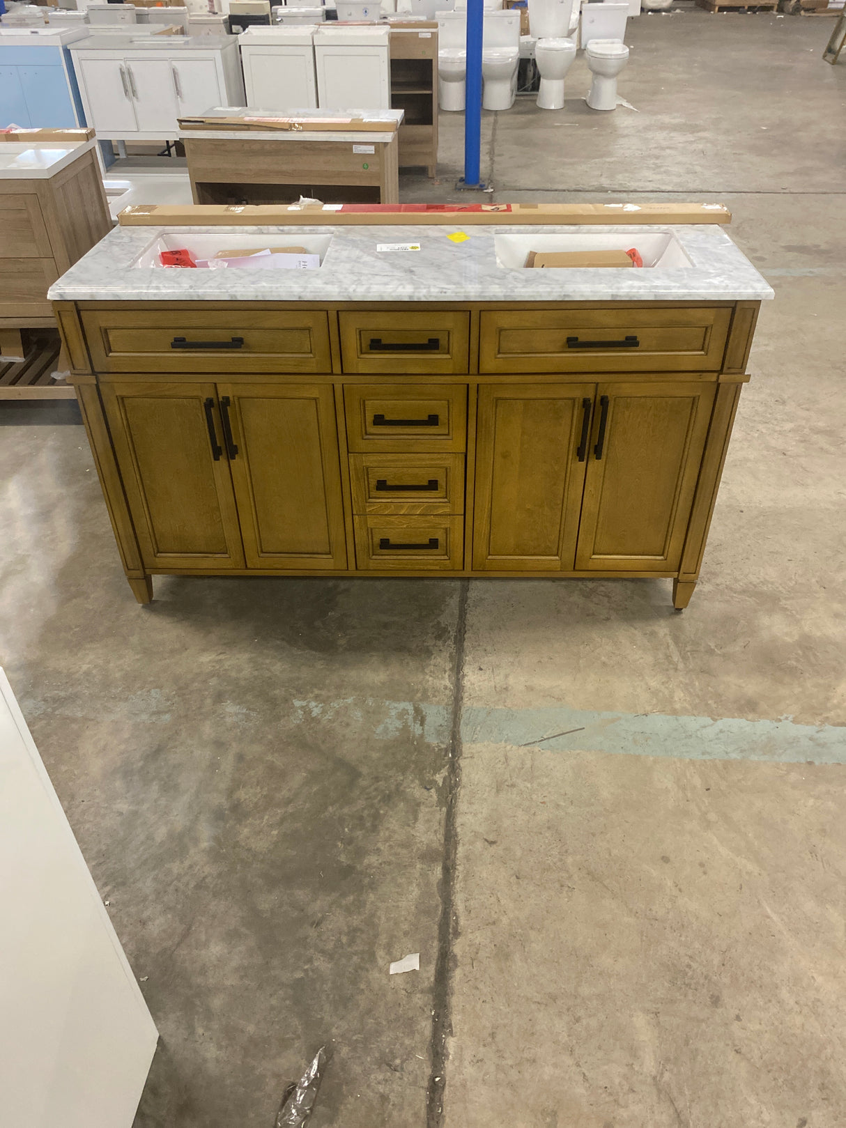 Caville 60 in. Double Sink Freestanding Almond Latte Bath Vanity with Carrara Marble Top and Power Outlet (Assembled)