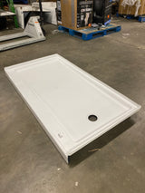 ShowerCast 60 in. x 30 in. Single Threshold Shower Pan in White with Modern Square Chrome Shower Drain Cover Right Drain