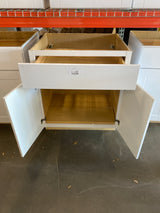 Shaker Satin White Stock Assembled Base Kitchen Cabinet with Ball-Bearing Drawer Glides (30 in. x 34.5 in. x 24 in.)