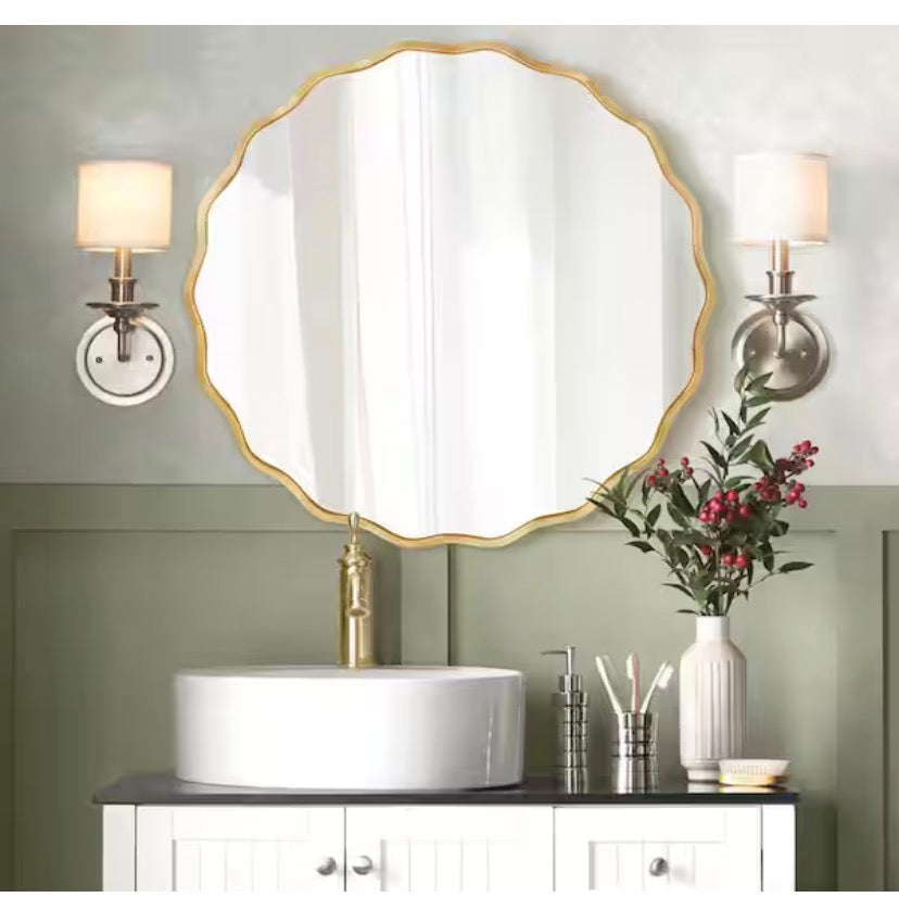31.5 in. W. x 31.5 in. H Round Gold Aluminum Alloy Framed Scalloped Wavy Wall Mirror