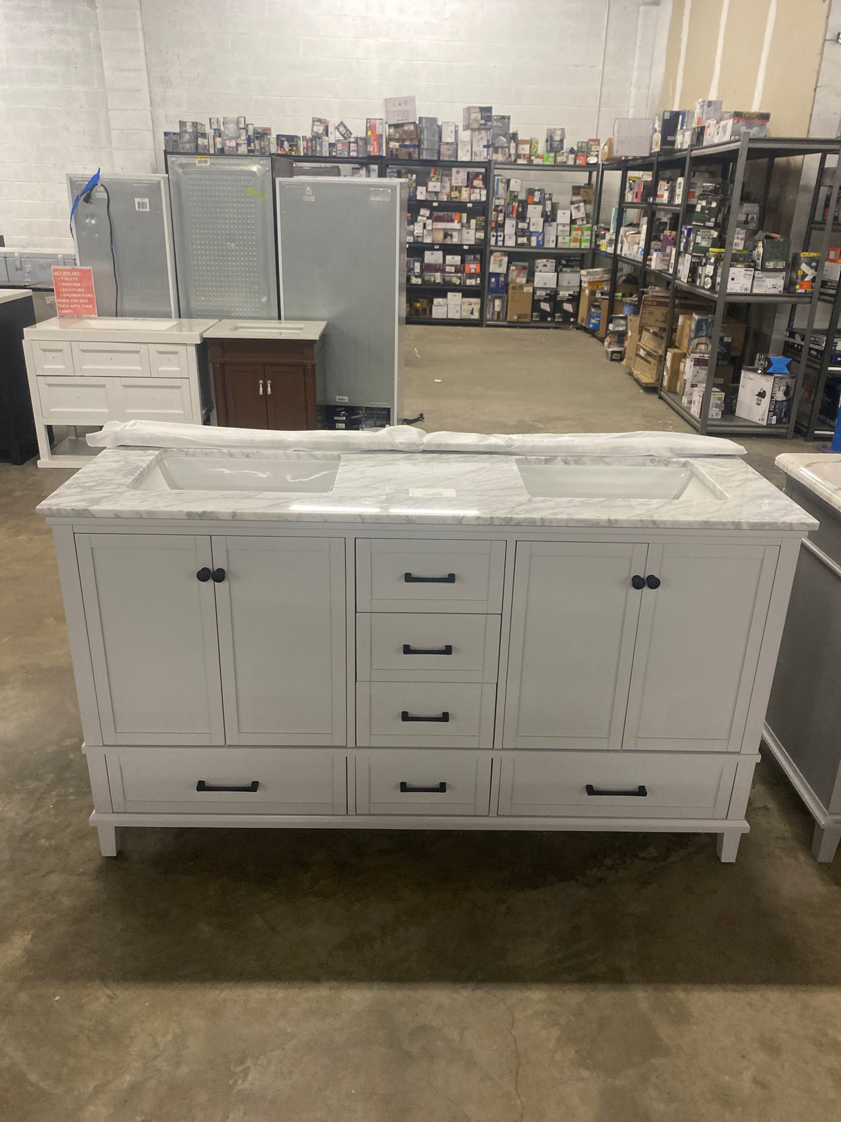 Merryfield 61 in. Double Sink Dove Grey Bath Vanity with White Carrara Marble Top (Assembled)