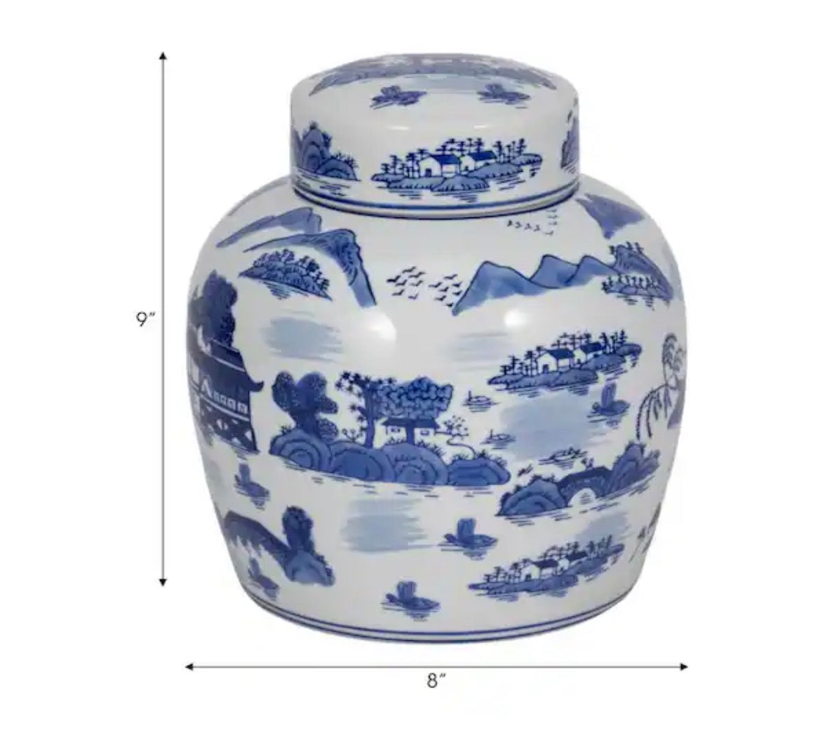 9 in. Blue Ceramic Rounded Chinoiserie Jar with Lid