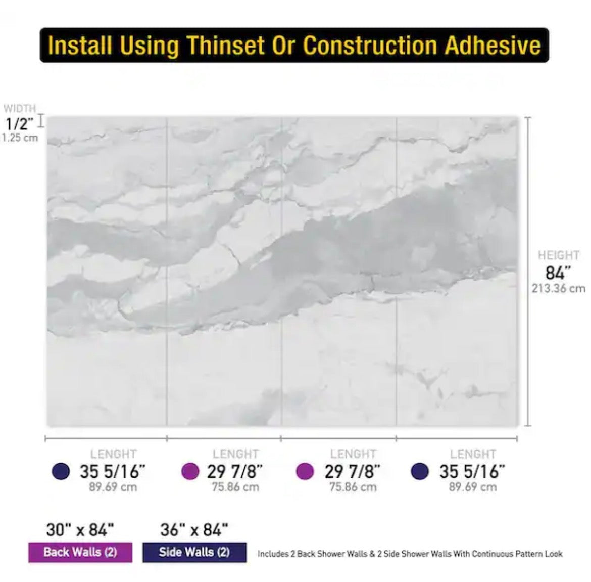 60 in. L x 36 in. W x 84 in H Glue-Up Alcove Solid Composite Stone 4-Piece Shower Wall Set in Italian Ice