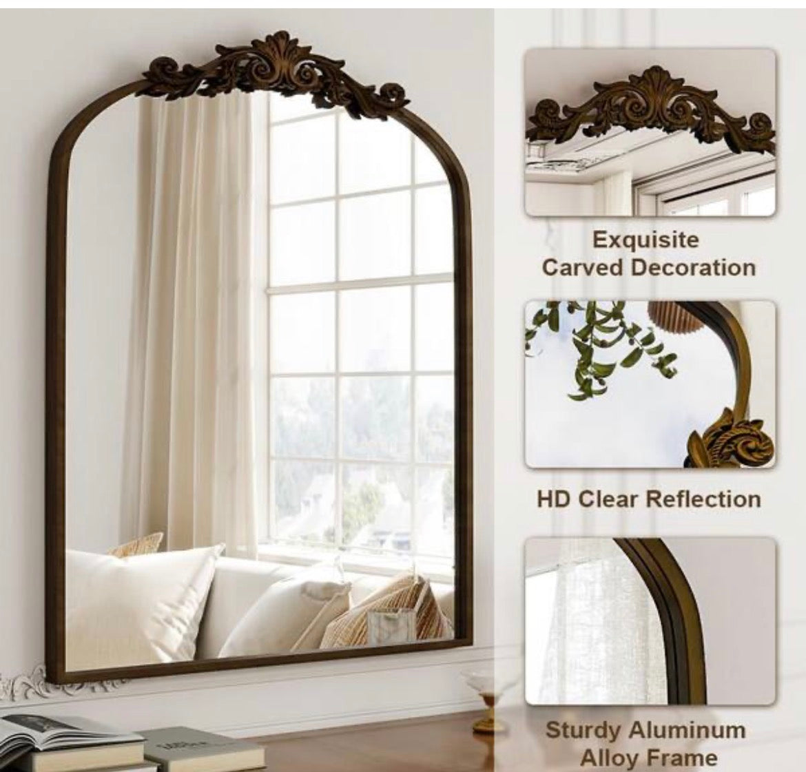 Antique Bronze 30 in. W x 40 in. H Arched Aluminum Alloy Frame with Ornate Carved Decoration Vanity Wall Mirror