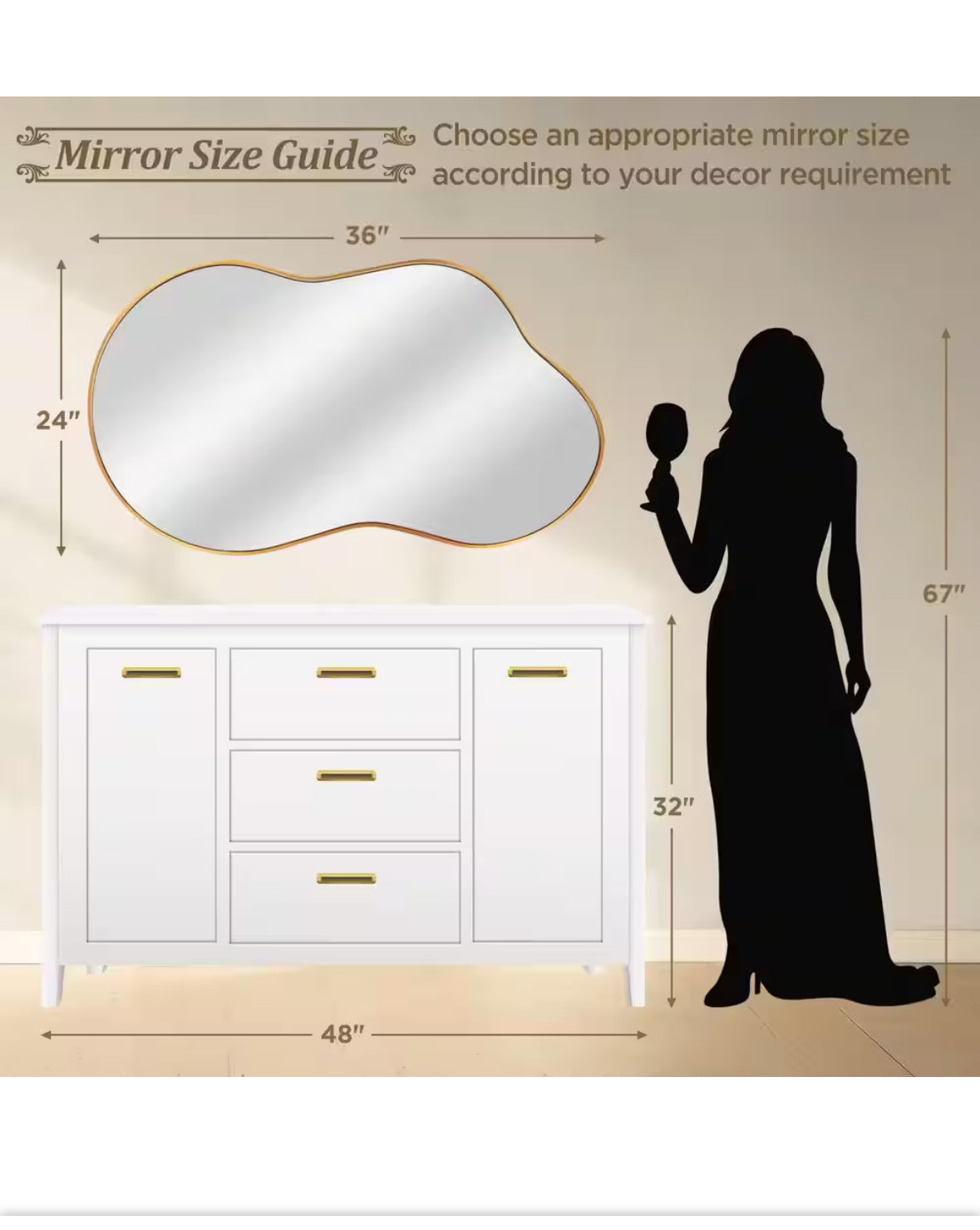 36 in. W. x 24 in. H Irregular Gold Aluminum Alloy Framed Wall Mirror Asymmetrical Wall Mirror
