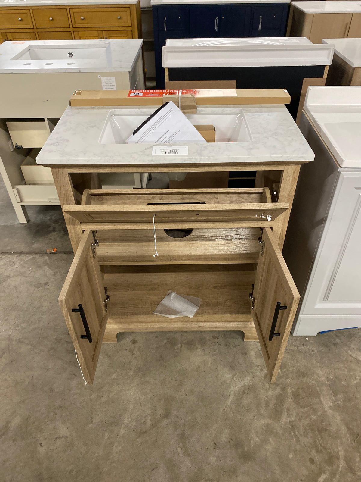 Doveton 30 in. W x 19 in. D x 34.50 in. H Freestanding Vanity in Weathered Tan with White Engineered Stone Top