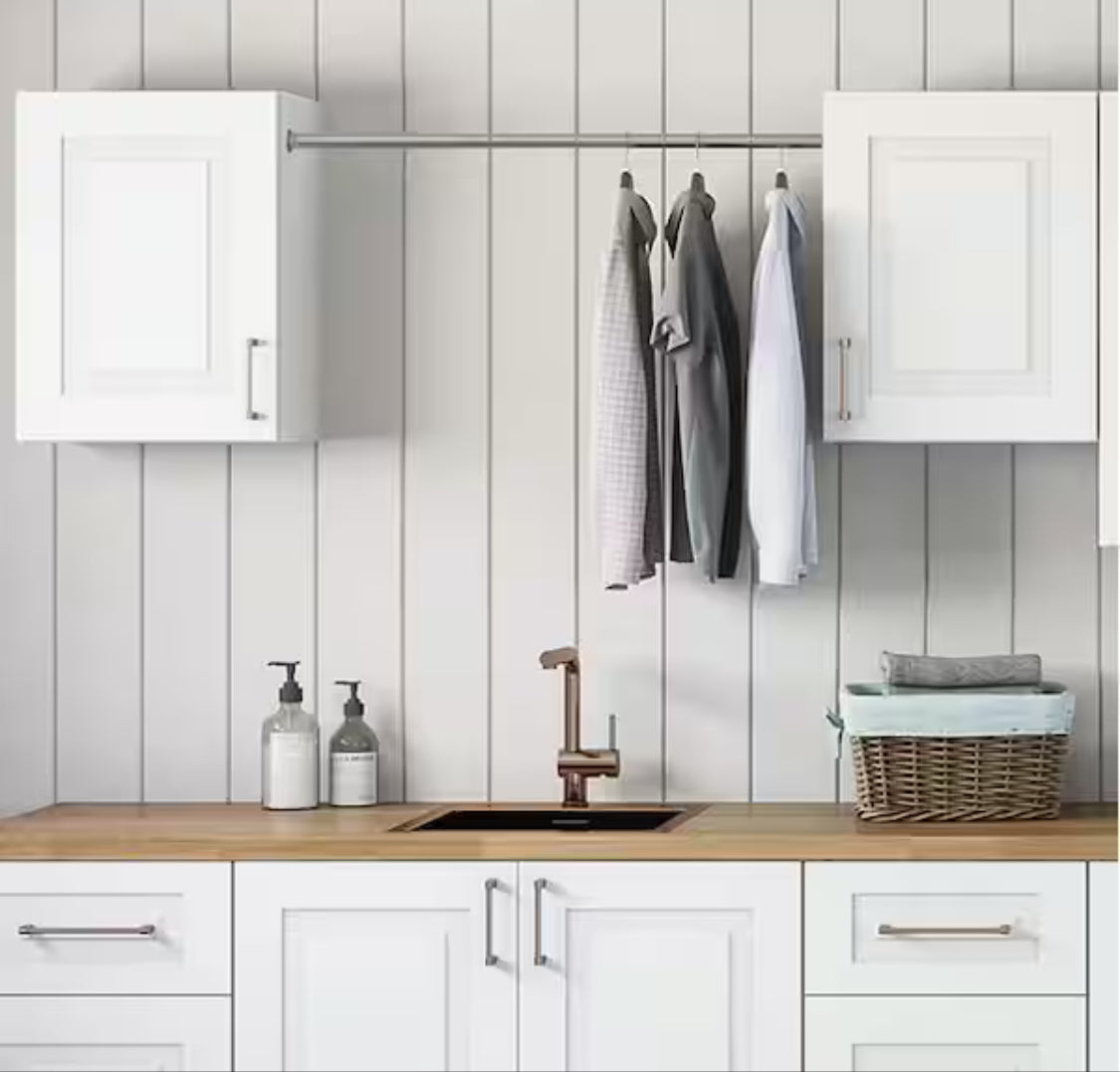 Greenwich Verona White 23 in. H x 58 in. W x 12 in. D Plywood Laundry Room Wall Cabinet and Pole ext 76 in. w/ 2 Shelves