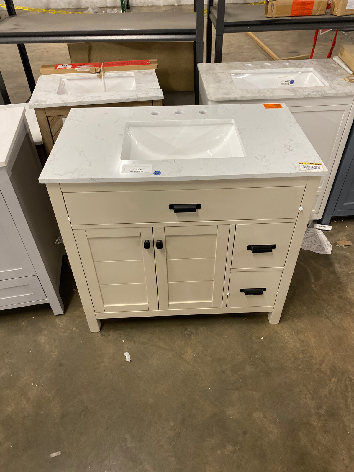 Stanhope 37 in. Single Sink Freestanding Even Better Beige Bath Vanity w/ Crystal White Engineered Stone Top (Assembled)