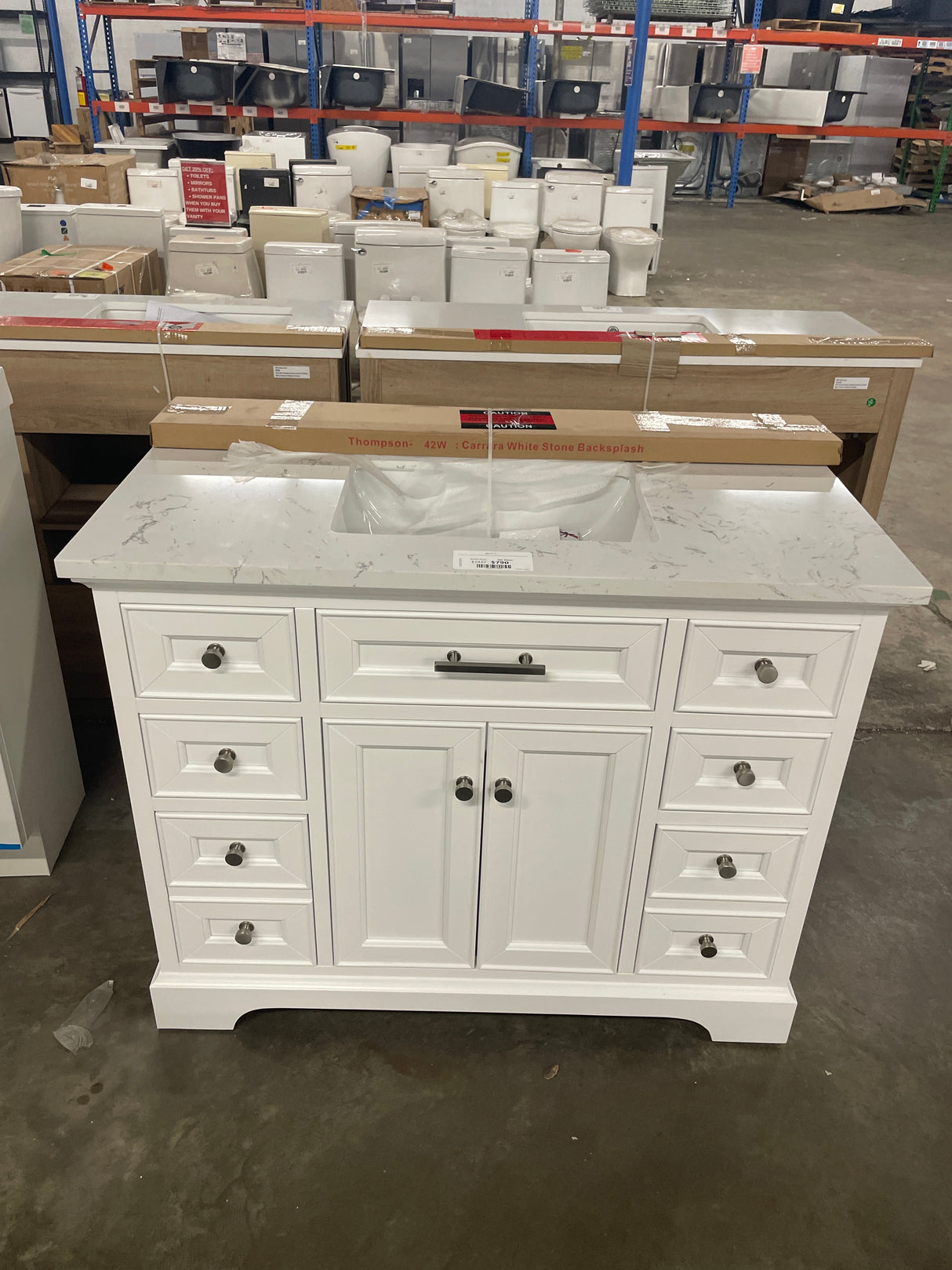 Thompson 42 in. Single Sink Freestanding Bathroom Vanity in White with Carrara White Engineered Stone Top