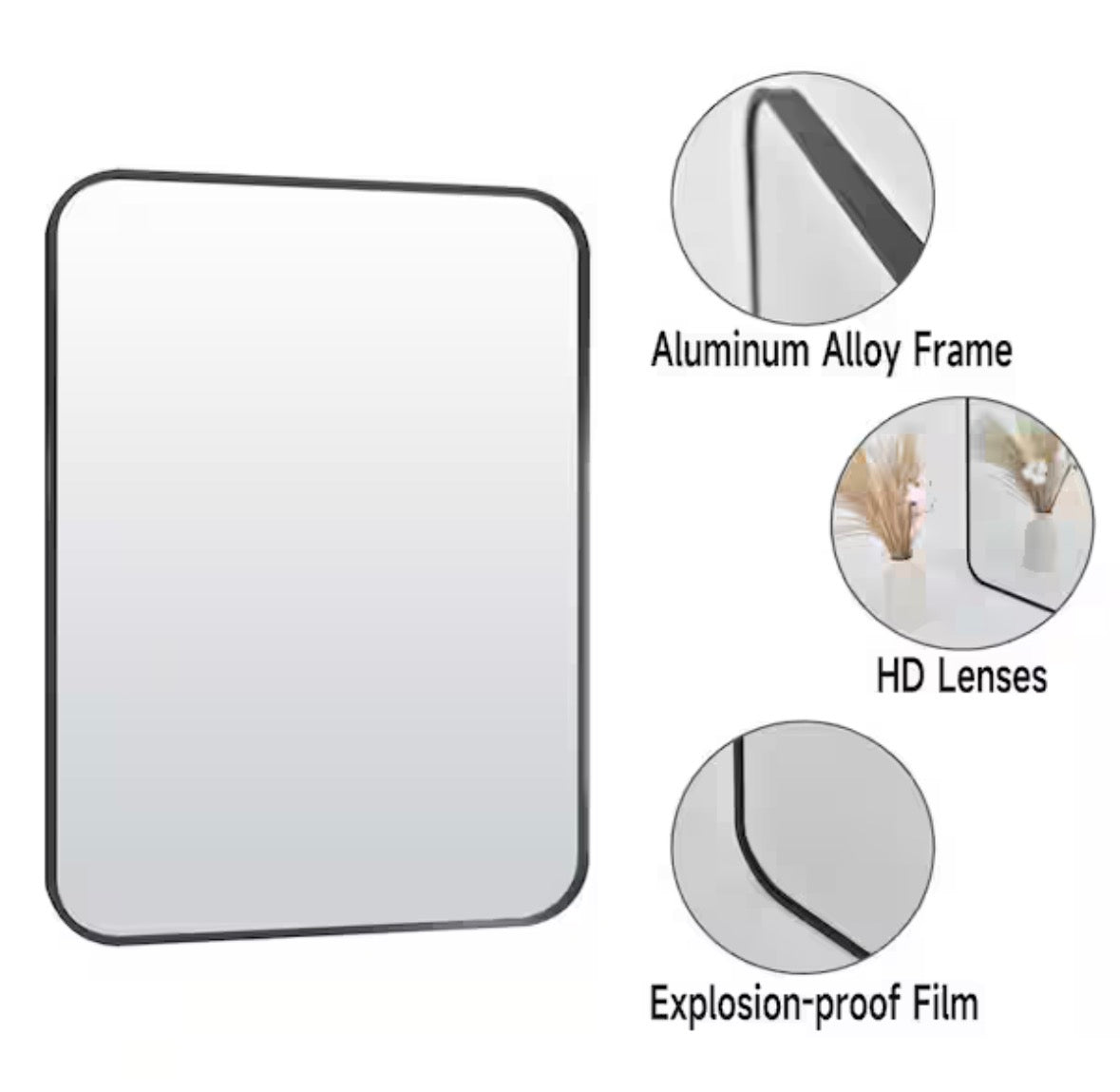 30 in. W x 40 in. H Rectangular Modern Aluminum Alloy Framed Rounded Black Wall Mirror