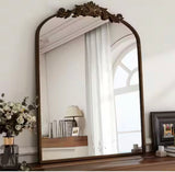 Antique Bronze 30 in. W x 40 in. H Arched Aluminum Alloy Frame with Ornate Carved Decoration Vanity Wall Mirror