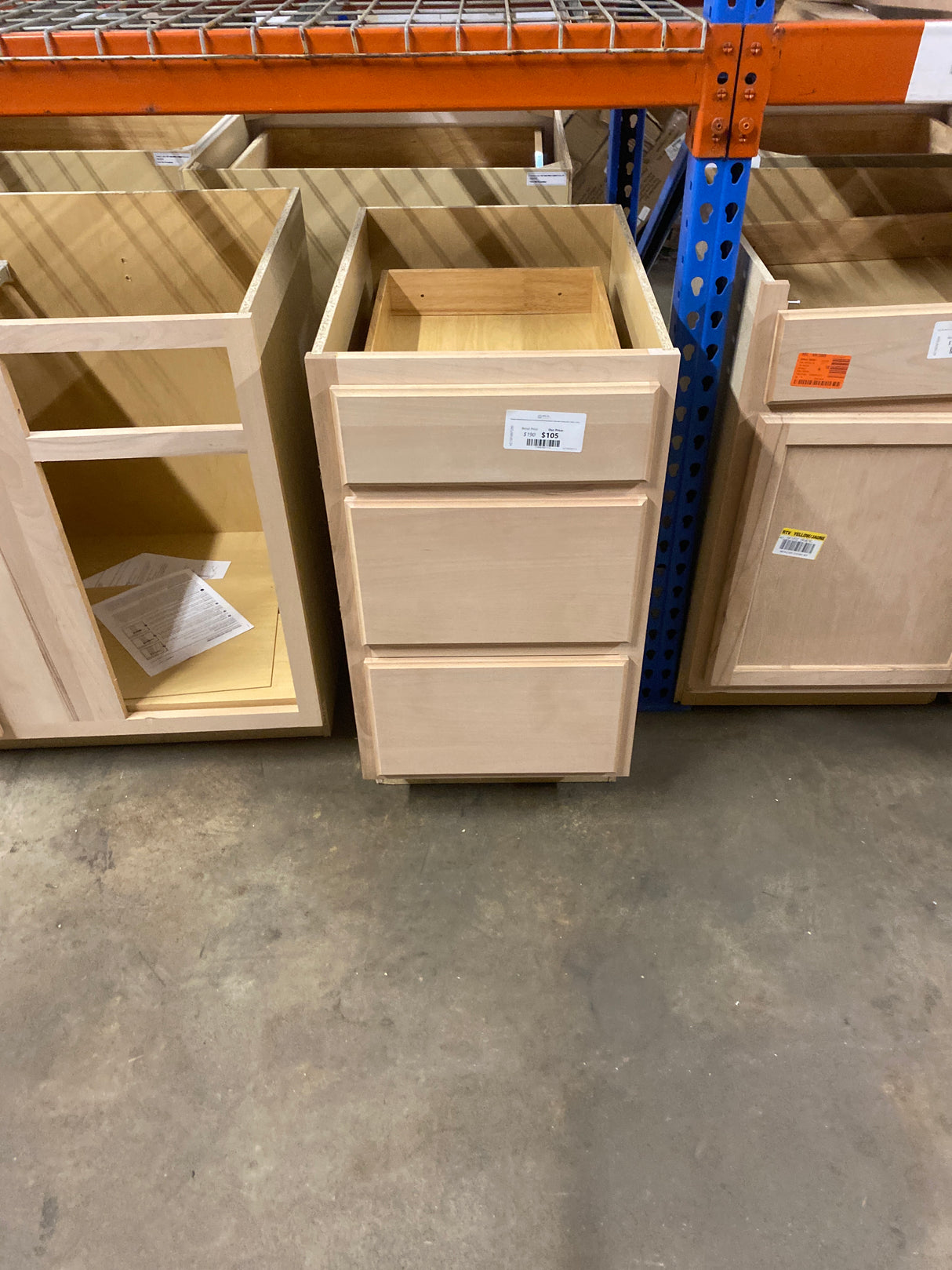 Hampton Unfinished Beech Recessed Panel Stock Assembled Base Kitchen Cabinet with 3 Drawers (18 in. x 34.5 in. x 24 in.)