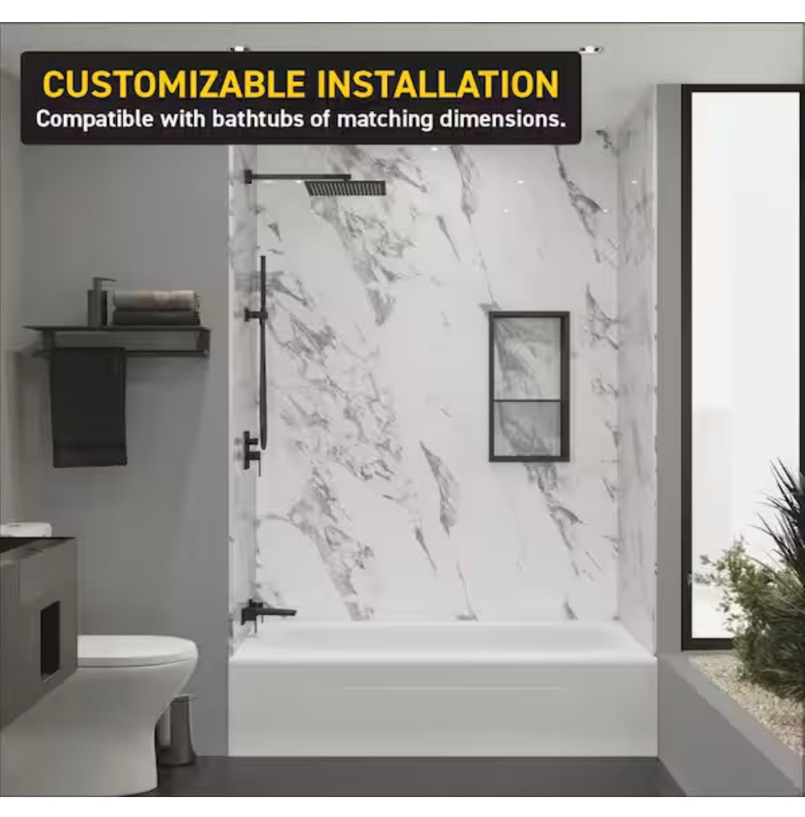 60 in. L x 36 in. W x 84 in H Glue-Up Alcove Solid Composite Stone 4-Piece Shower Wall Set in Italian Ice