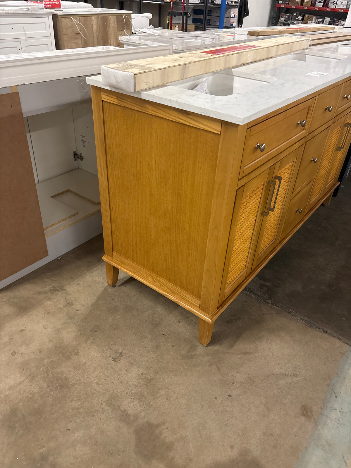 Moresly 60 in. Double Sink Natural Oak Bath Vanity with White Engineered Stone Top (Assembled)