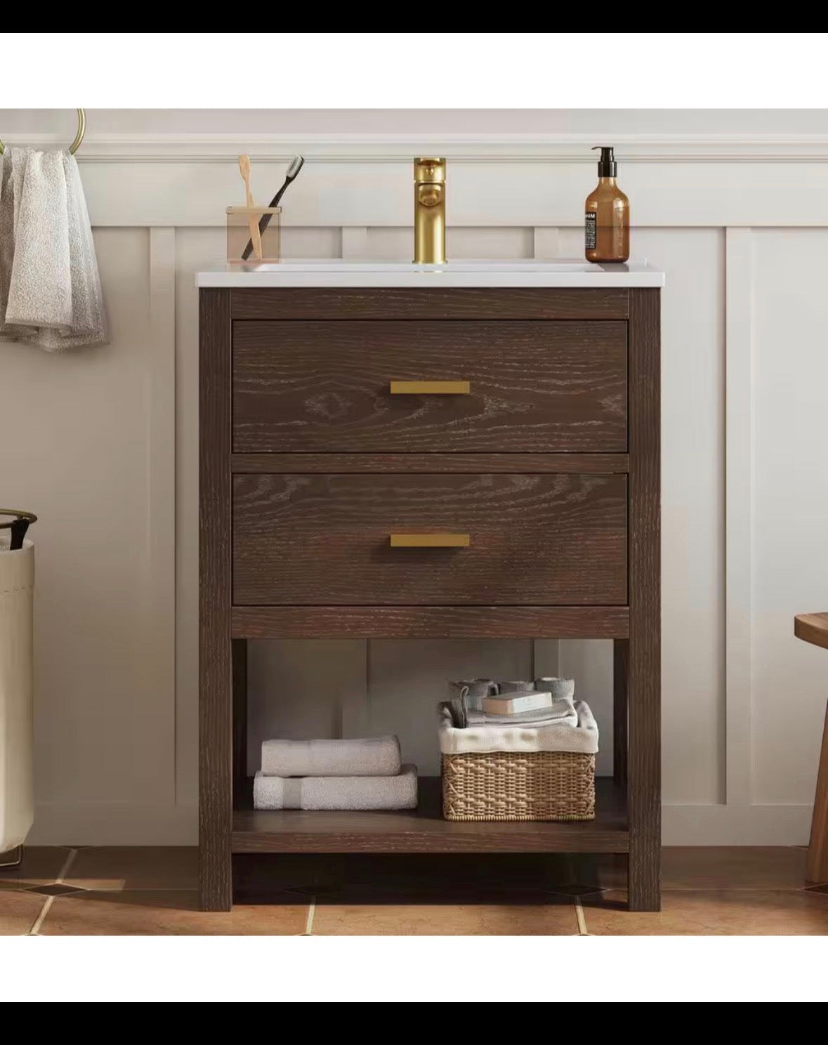 Magen 25 in. Single Sink Bath Vanity in Walnut with White Engineered Solid Surface Top and 2 Drawers (Unassembled)
