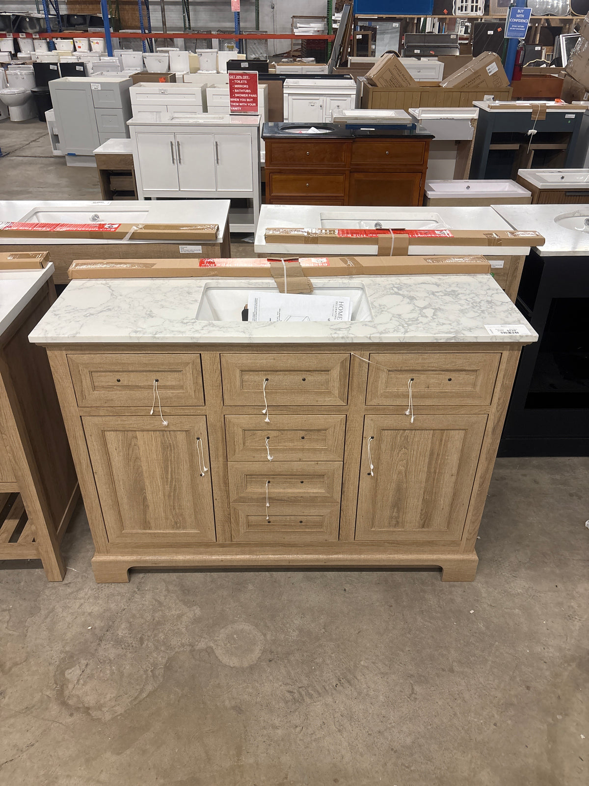 Doveton 48 in. W x 19 in. D x 34.50 in. H Freestanding Vanity in Weathered Tan with White Engineered Stone Top