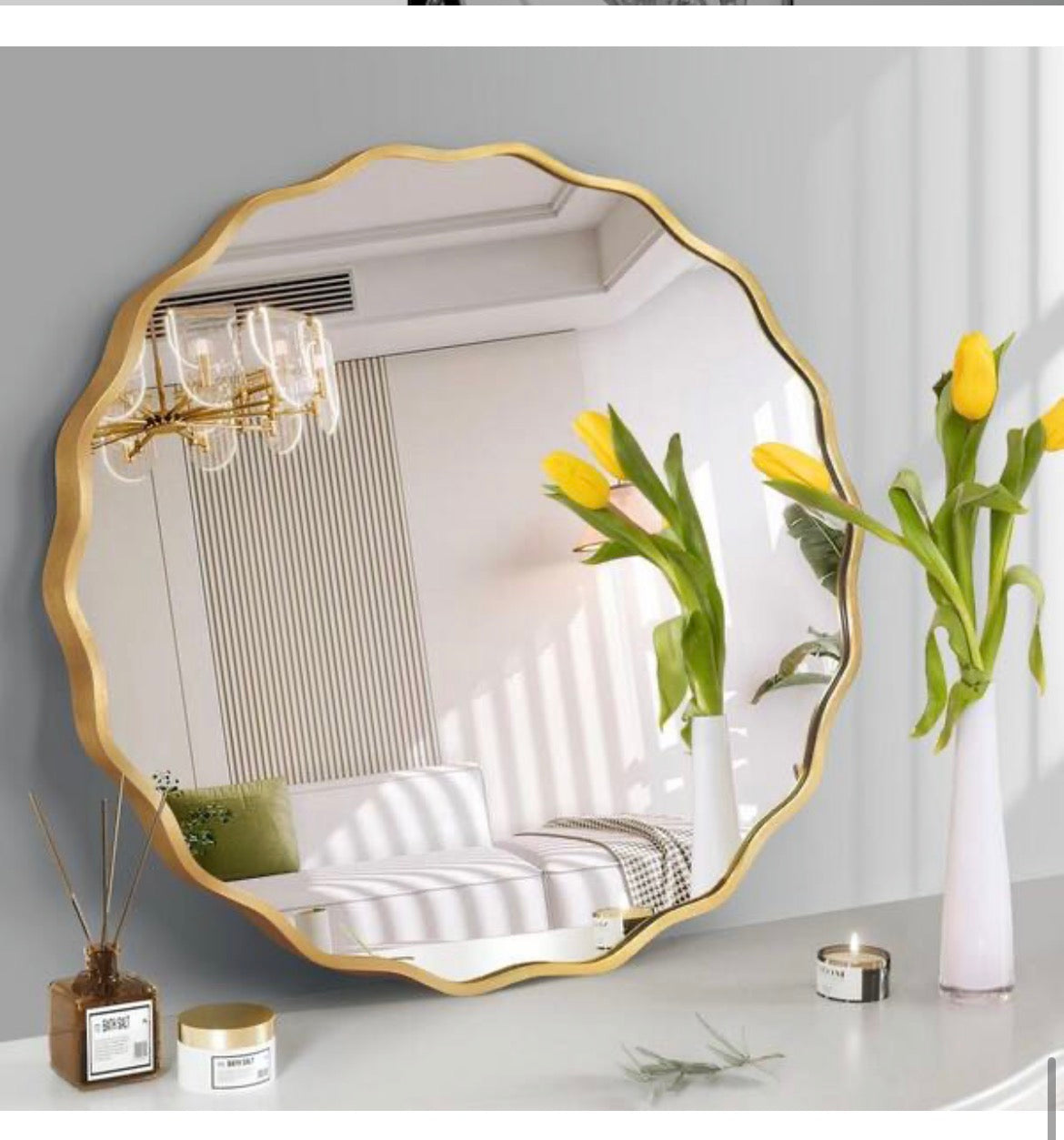 23.5 in. W x 23.5 in. H Round Gold Aluminum Alloy Framed Scalloped Wavy Wall Mirror