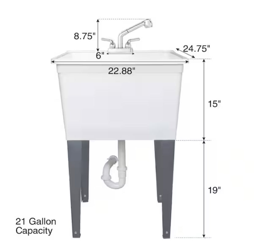 24.50 in. D x 22.5 in. W Freestanding Thermoplastic White 21 gal. Utility Tub with Grey Legs and Chrome Pullout Faucet