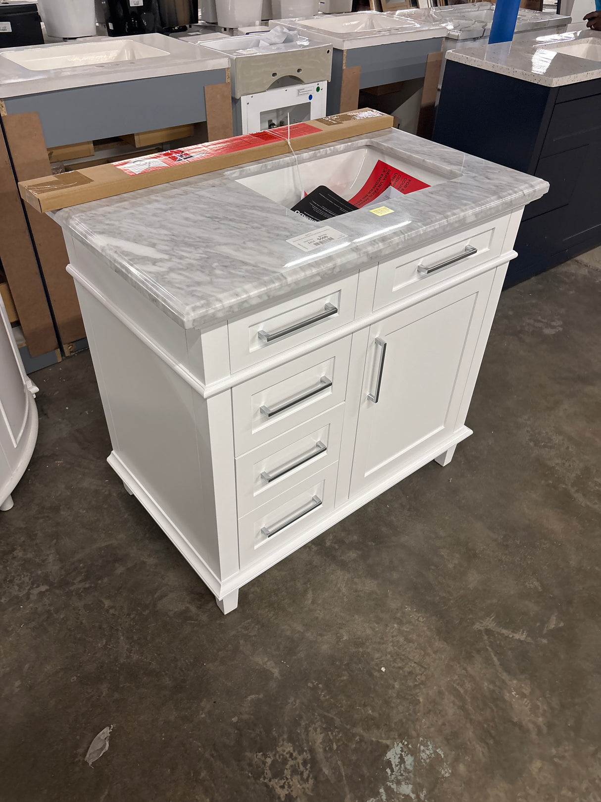 Sonoma 36 in. W x 22 in. D x 34 in. H Bath Vanity in White with White Carrara Marble Top ( Comes With One Free Toilet Or Mirror Valued Up To $100)