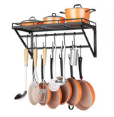 Black 23.6 in. Wall Mounted Pot Rack Storage Shelf with 2-Tier Hanging Rails and 12 S Hooks