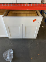 Shaker Satin White Stock Assembled Base Kitchen Cabinet with Ball-Bearing Drawer Glides (36 in. x 34.5 in. x 24 in.)