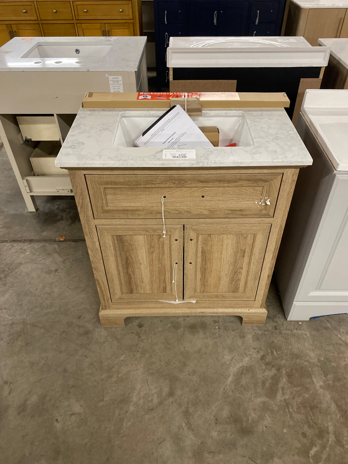 Doveton 30 in. W x 19 in. D x 34.50 in. H Freestanding Vanity in Weathered Tan with White Engineered Stone Top