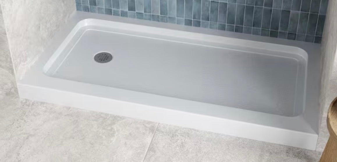 60 in. L x 30 in. W Alcove Acrylic Shower Pan Base in Glossy White with Left Drain, Drain Included