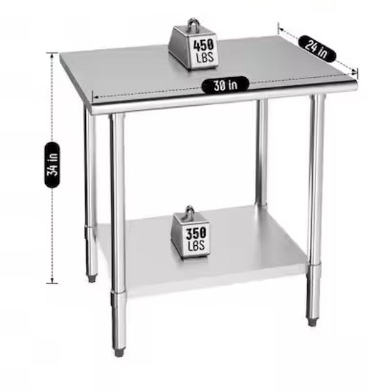 NSF Stainless Steel Kitchen Prep Table 24 x 30 x 34 in. Heavy Duty Metal Worktable with Adjustable Shelf