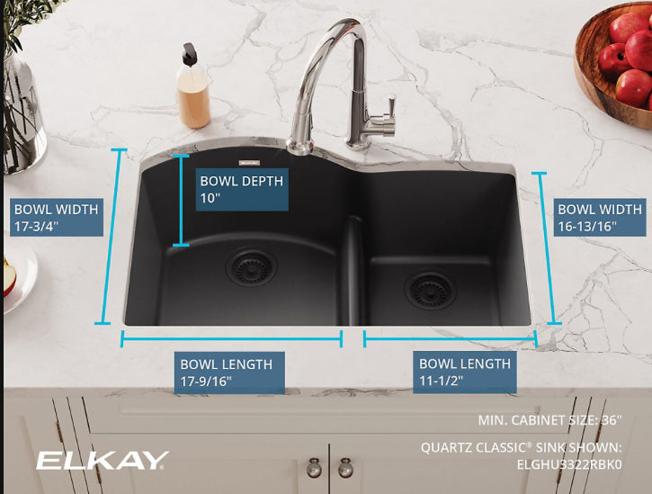 Quartz Classic® 33" x 22" x 10" Offset 60/40 Double Bowl Undermount Sink with Aqua Divide Black