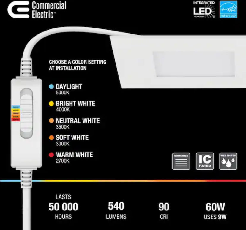 Ultra Slim Square 4 in. Adjustable CCT Canless New Construction & Remodel IC Rated Dimmable LED Recessed Light Kit